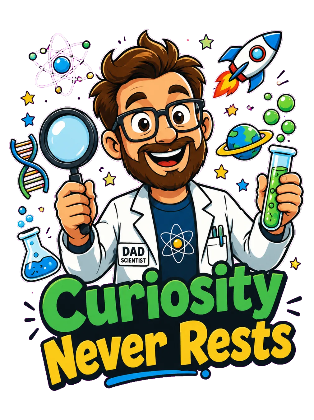 Cartoon Dad Scientist, Curiosity Never Rests β the original design artwork