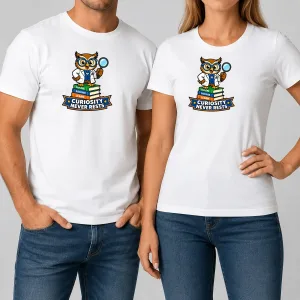 Science Dad Mascot: Curiosity Never Rests — original design printed on a White T-Shirt